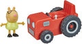 Red toy tractor with grey wheels beside a Pedro Pony figure wearing glasses and a light green shirt.