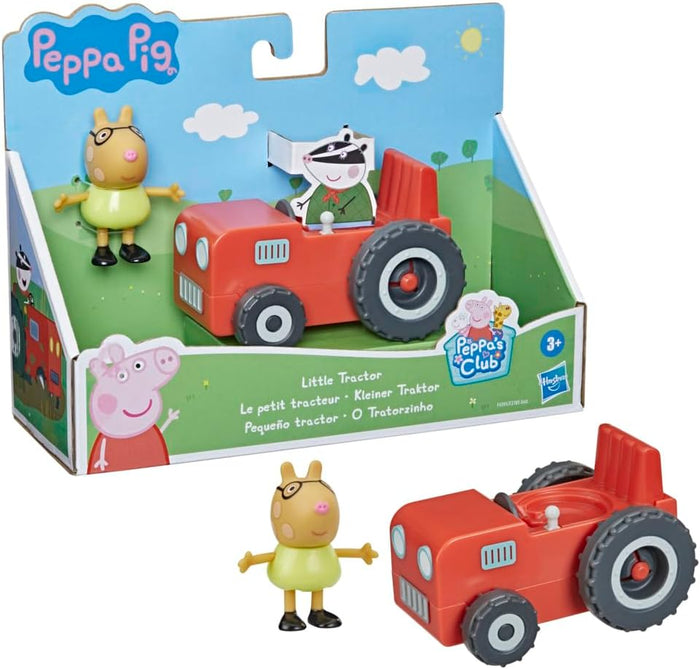 Red toy tractor and yellow-clothed pig figure with glasses, shown inside and outside of blue Peppa Pig packaging.