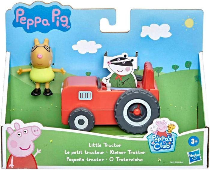 Red toy tractor, yellow pony figurine, and badger cutout in a green and blue Peppa Pig themed display box.