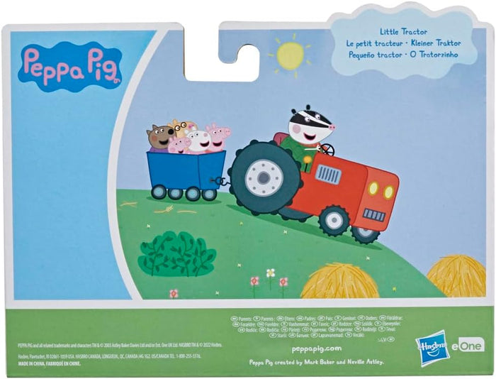 Back of toy packaging showing a badger driving a red tractor and blue trailer with Peppa Pig characters in a field.