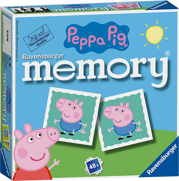 Blue Ravensburger box featuring Peppa Pig and matching cards of George Pig under a yellow sun. Includes 48 cards.
