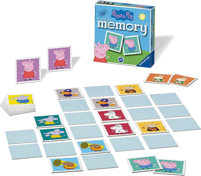 Square memory tiles with Peppa Pig characters arranged in a grid next to a blue Ravensburger game box.