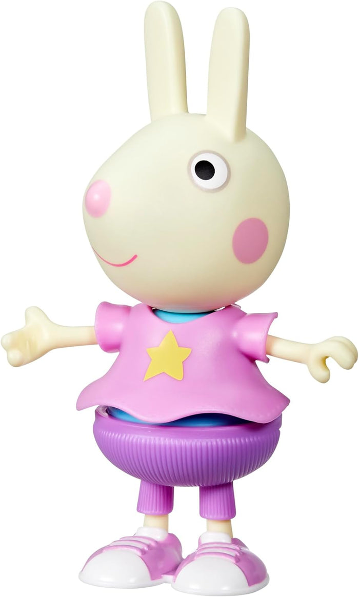 Cream-colored bunny toy figure with tall ears, wearing a pink shirt with a yellow star and purple pants.