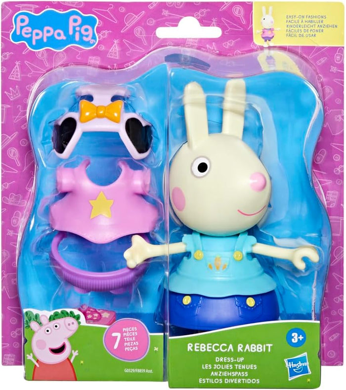 Rebecca Rabbit figure in blue dress with pink star outfit and accessories in purple Peppa Pig themed packaging.
