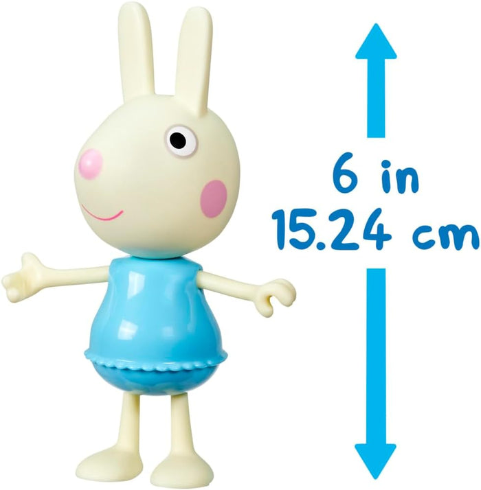 Cream toy rabbit in a light blue dress. Height graphic indicates 6 inches or 15.24 centimeters tall.
