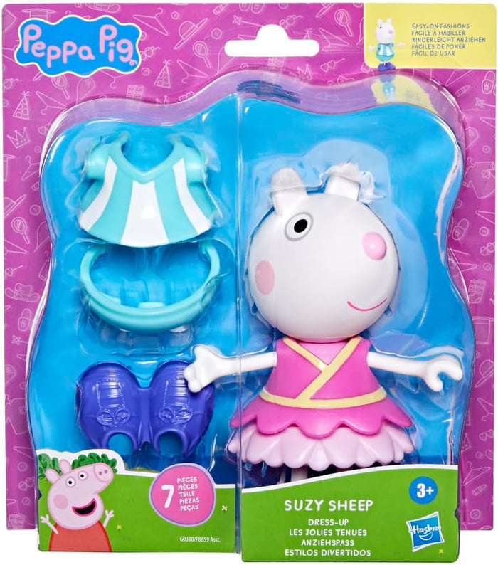 Suzy Sheep toy in pink dress with extra blue outfit and purple shoes in a purple Peppa Pig branded blister pack.