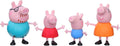 Four pink pig figurines: Daddy Pig in blue with glasses, Peppa in red, George in blue, and Mummy Pig in orange.
