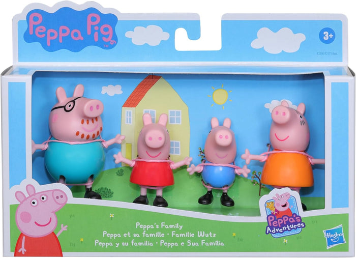 Four pink Peppa Pig family figures in a blue display box with colorful outfits and an illustrated backdrop.