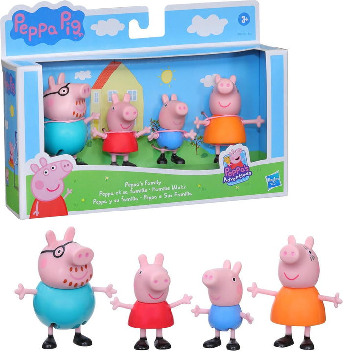 Four pink Peppa Pig figures in bright outfits, shown in their blue window box and standing freely.