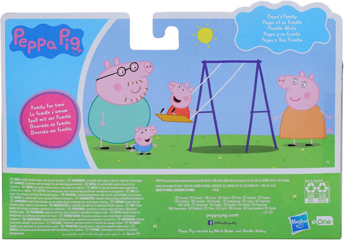 Back of toy packaging with a bright illustration of the Pig family at a park with a purple swing and orange see-saw.