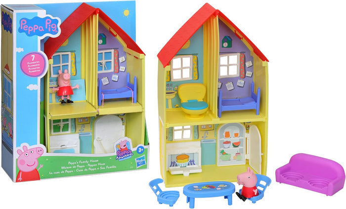 Yellow two-story Peppa Pig house toy with red roof, Peppa figure, and blue and purple furniture accessories.