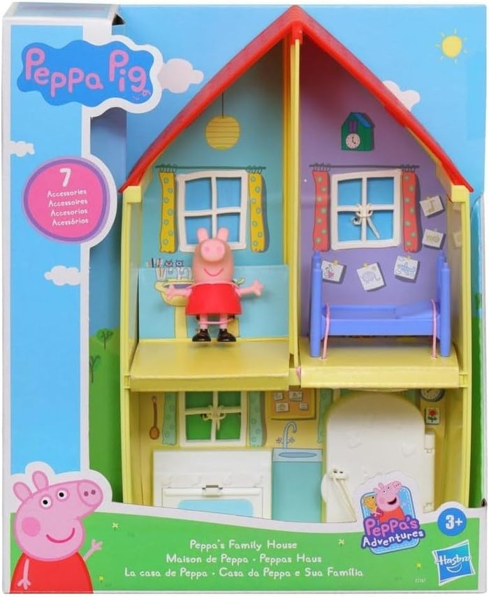 Yellow toy house with a red roof and Peppa Pig figure inside, in blue packaging showing illustrated interior rooms.