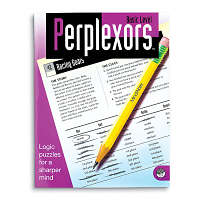 Purple book cover titled Perplexors featuring a sample logic puzzle grid and a yellow pencil.