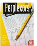 Yellow and black Perplexors Level C puzzle book cover with a pencil resting on a sample logic puzzle page.