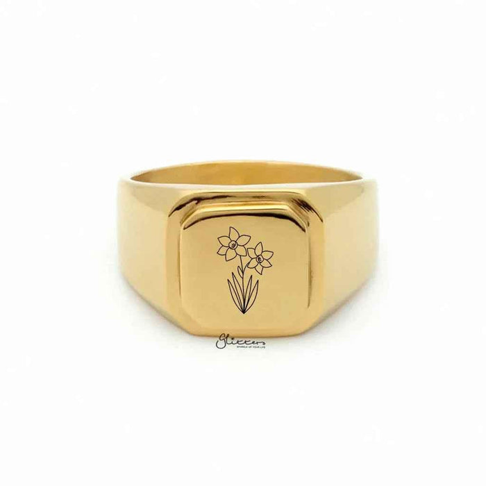 Personalised silver stainless steel square flat top signet ring from Glitters, showcasing a sleek, polished design with engraved customization space.