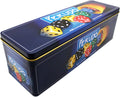 Rectangular blue metal tin for Perudo, showing colorful dice spilling from a yellow cup and game details.
