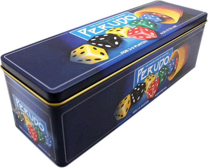 Rectangular blue metal tin for Perudo, showing colorful dice spilling from a yellow cup and game details.