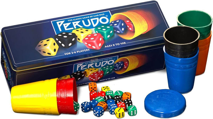 Blue Perudo tin box with six colorful stacked cups and matching small dice scattered across a white background.