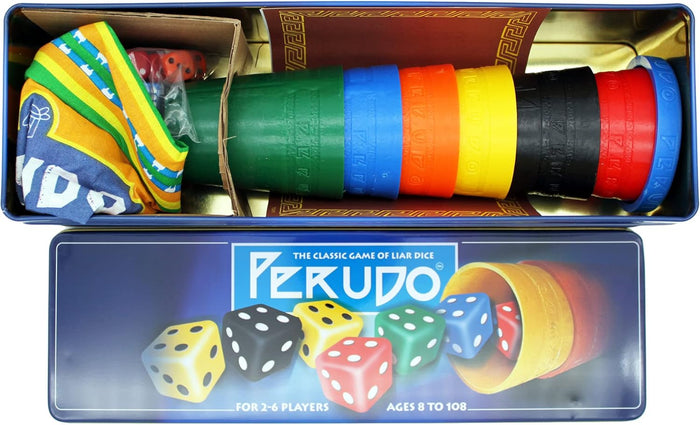Open blue tin of Perudo dice game with six colorful cups, a cloth bag, and lid showing rolling dice.