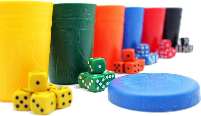 Six colored plastic cups with embossed animal designs and matching dice sets, plus a blue game disc.