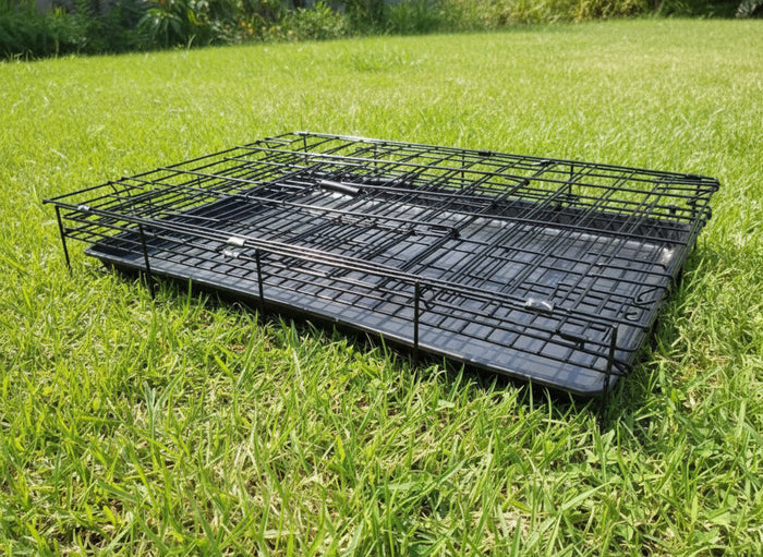 Black collapsible metal pet cage, 60cm wide, suitable for small animals, with a secure door and sturdy construction.