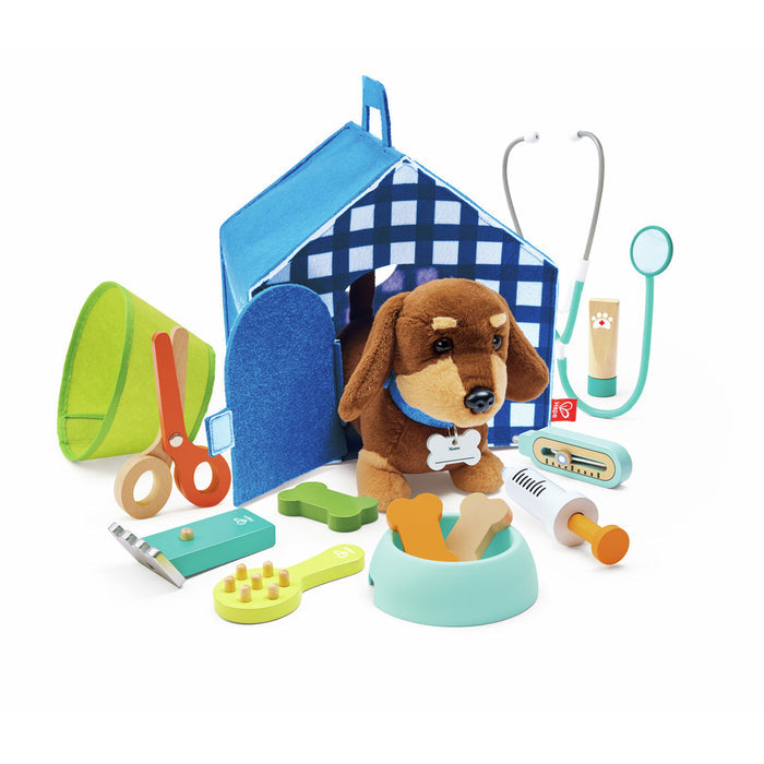 Plush brown dog in a blue fabric kennel with wooden toy vet tools, stethoscope, syringe, and feeding accessories.