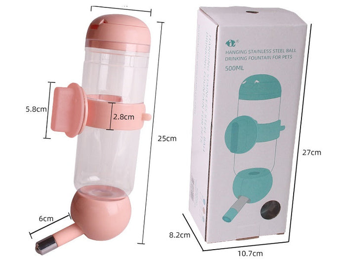 Pet drinker bottle water feeder 500ml by dealonline.co.nz, showing clear plastic water dispenser with a nozzle for pets.