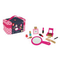 Pink patterned vanity case with wooden toy makeup: hand mirror, perfume, comb, lipsticks, and eyeshadow palette.