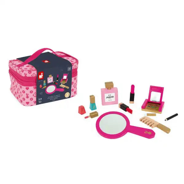 Pink patterned vanity case with wooden toy makeup: hand mirror, perfume, comb, lipsticks, and eyeshadow palette.