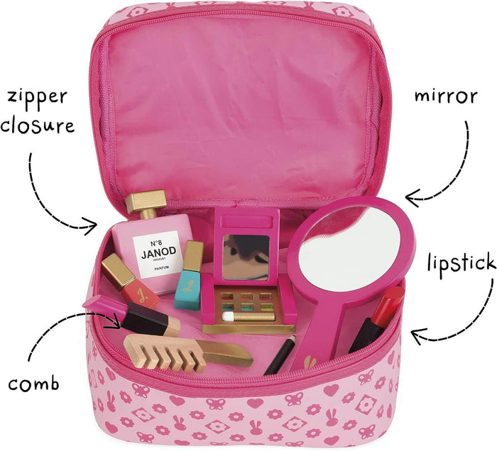 Open pink vanity case toy set with perfume, eyeshadow, lipstick, comb, and mirror, labeled with black text and arrows.