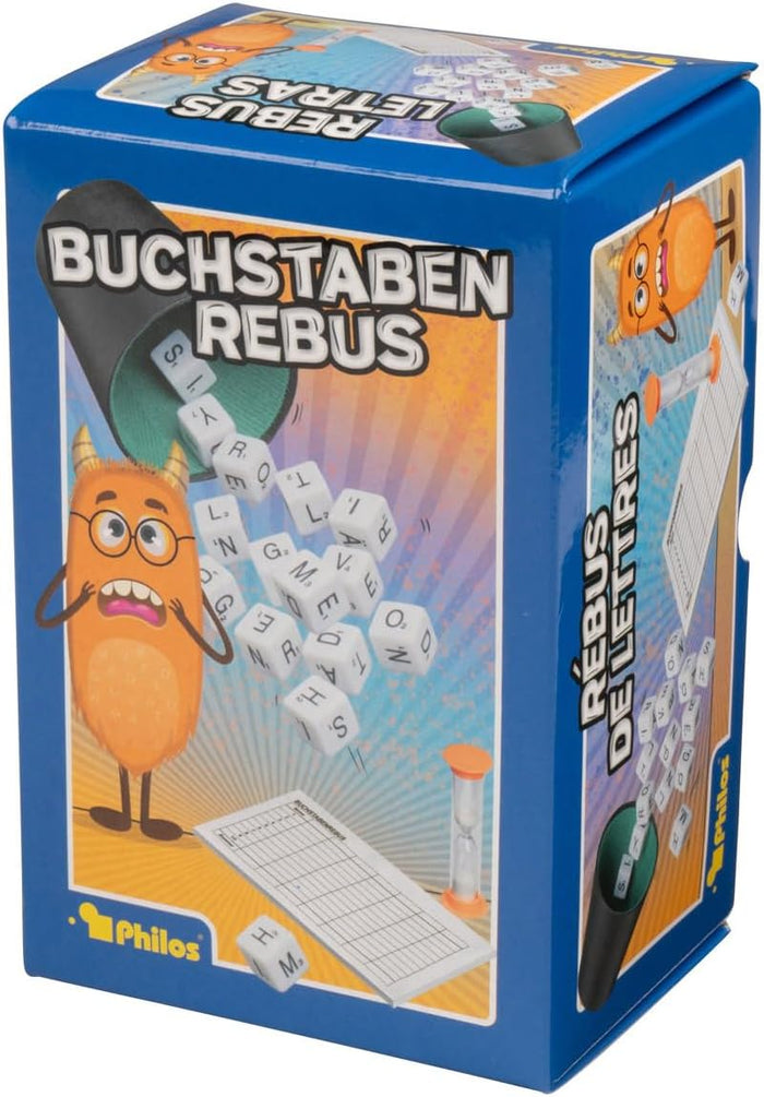 Blue game box featuring an orange monster mascot, falling white letter tiles, a scorepad, and a sand timer.