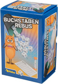 Blue game box featuring an orange monster mascot, falling white letter tiles, a scorepad, and a sand timer.