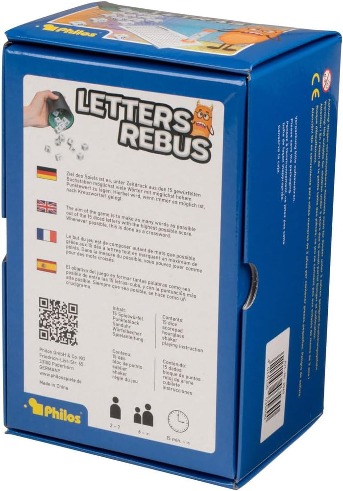 Blue game box with instructions in four languages, dice illustrations, and player icons on the white back panel.
