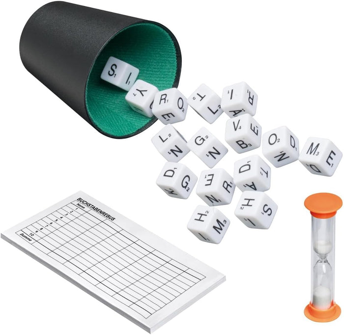 White letter dice spilling from a black cup, an orange sand timer, and a score pad on a white background.