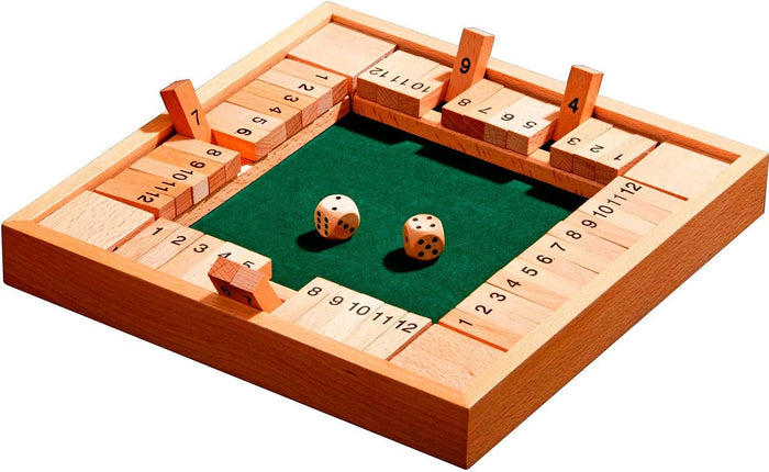 Square natural wood board game featuring numbered tiles, green felt interior, and two wooden dice.