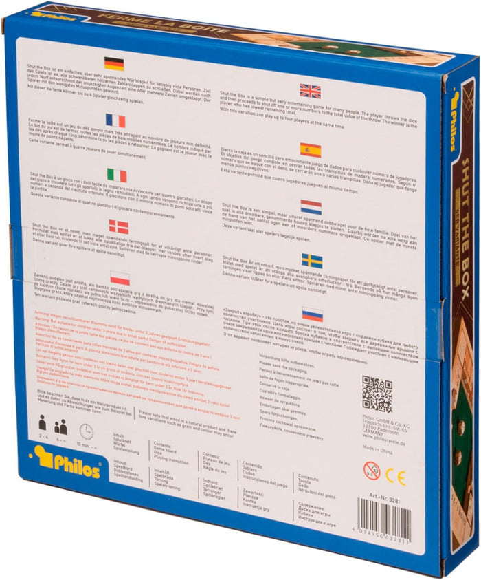 Back of blue Philos Shut The Box board game box with multilingual descriptions, flag icons, and game info icons.
