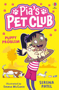 Children's book cover: girl in green glasses holds a puppy on a yellow background with a basset hound and rabbit.