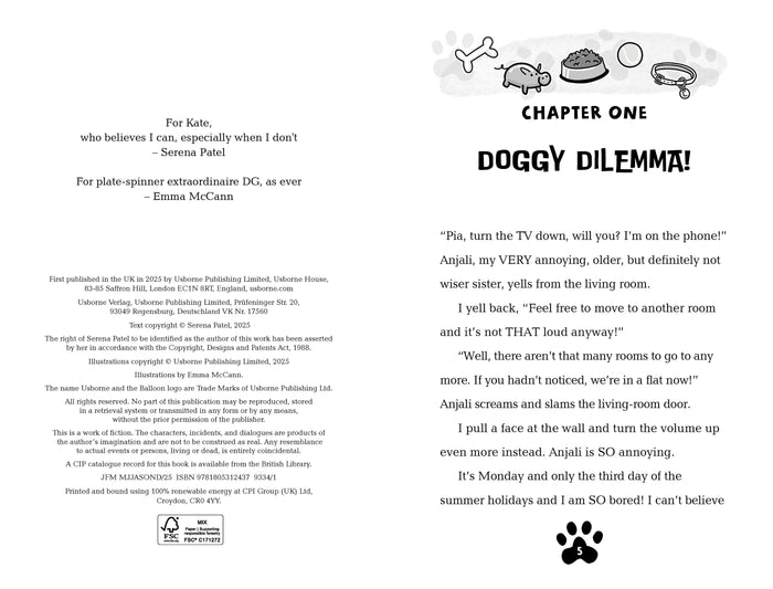 Black and white pages of a children’s book featuring chapter one titled Doggy Dilemma! with dog-themed illustrations.