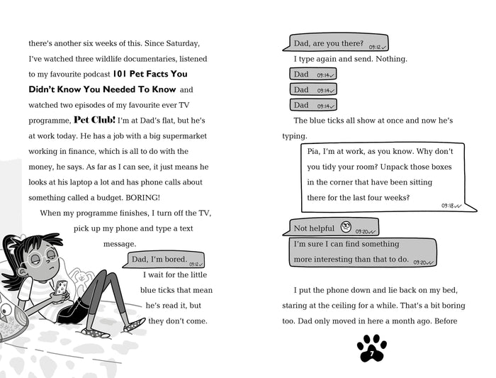 Black-and-white illustrated pages from a children's book featuring a girl texting her father while lying on her bed.