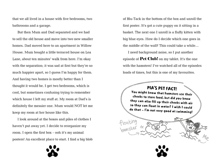 Open book pages with story text, a Pia's Pet Fact bubble, and a cartoon illustration of a floating hamster.