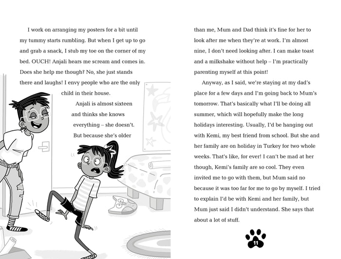 Black and white book pages showing an illustration of a girl holding her foot in pain while her sister laughs.