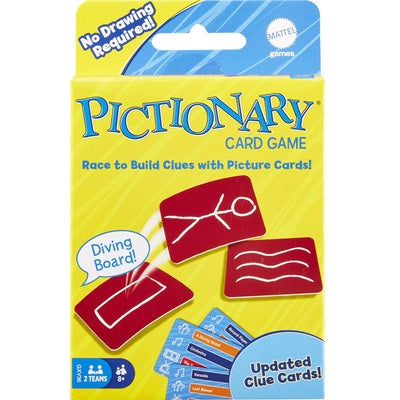 Yellow box for a card game showing red cards with white drawings of a stick figure and waves for a diving board clue.