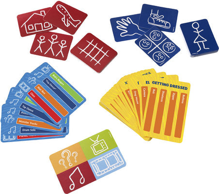 Red and blue cards with white line drawings, yellow clue list cards, and a multicolored category card.
