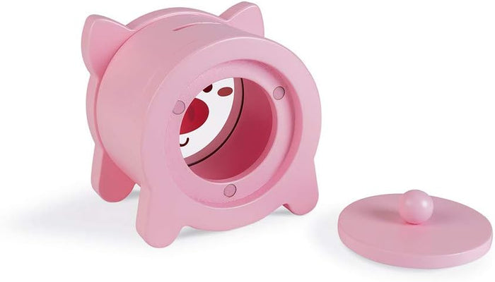 Pink pig moneybox with a mirrored snout front, top coin slot, and matching lid with a round handle.