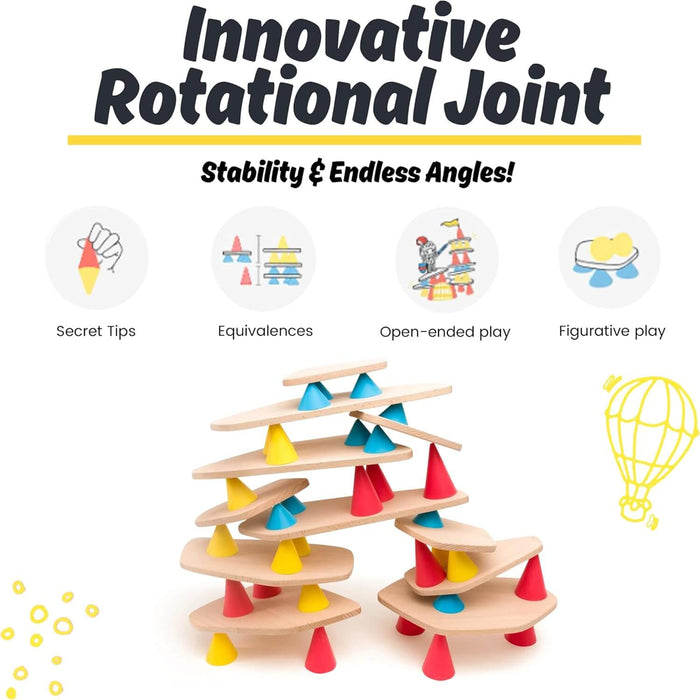 Tower of wooden planks and red, yellow, and blue cones with icons for open-ended play and a hot air balloon sketch.