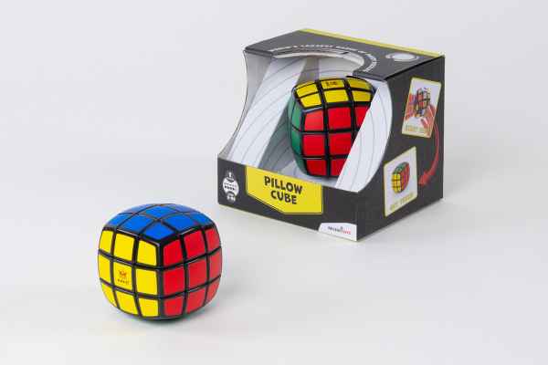 Rounded 3x3 puzzle cube with yellow, red, and blue faces, shown next to its black and yellow box packaging.