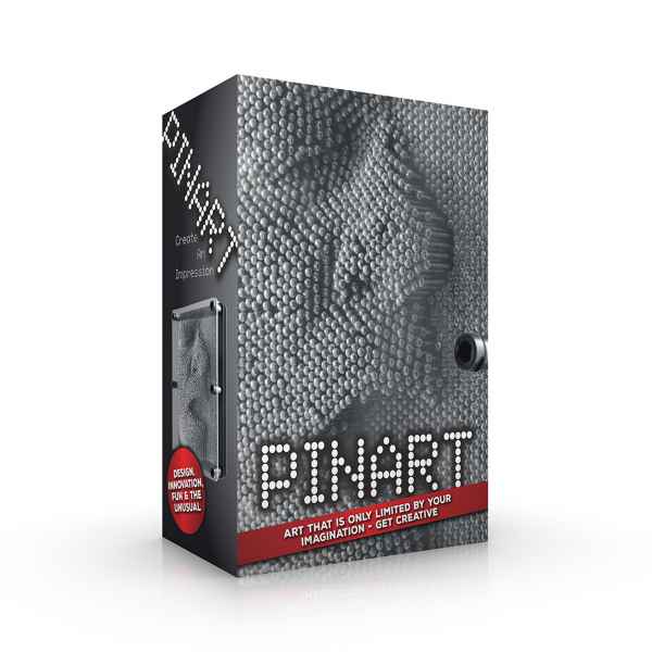 Black and grey box for a pin art toy featuring a silver face impression made of pins and a red banner at the bottom.