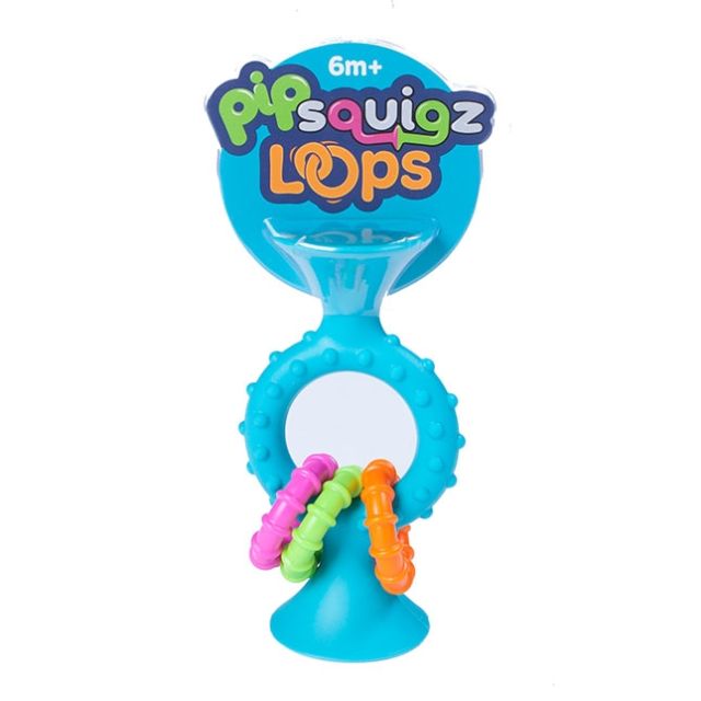 Blue suction cup toy with a mirror, bumpy frame, and three colorful textured rings on packaging labeled 6m+.