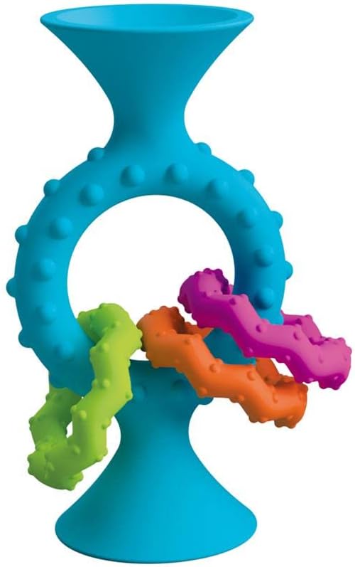Teal suction cup toy with a large ring holding textured, wavy rings in lime green, orange, and magenta.