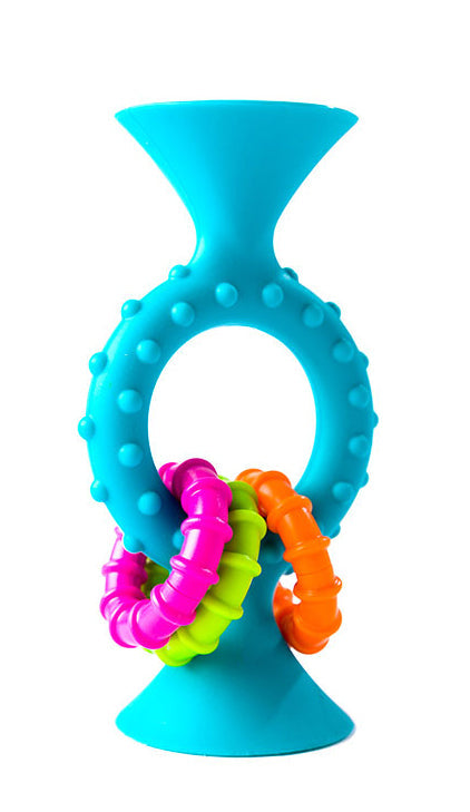 Blue silicone toy with suction cups, a bumpy ring, and three small, textured pink, green, and orange rings.